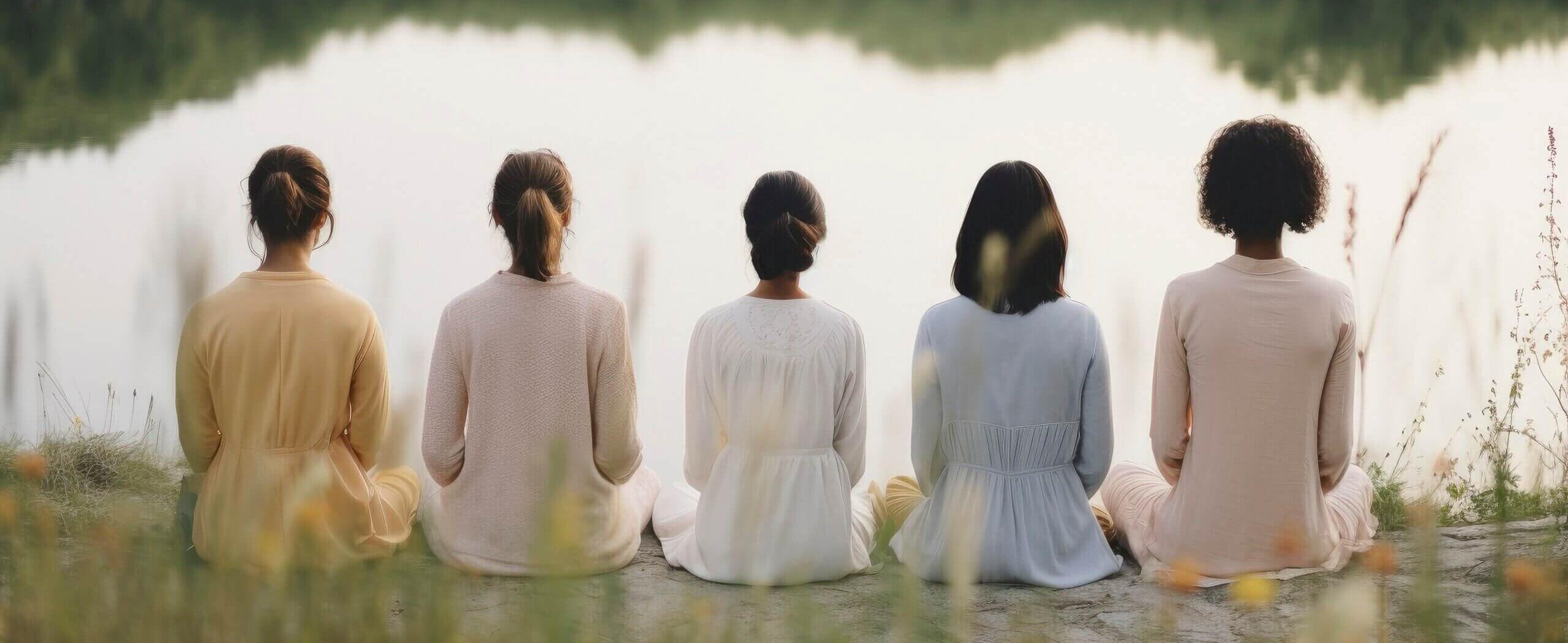 full-shot-women-sitting-by-lake